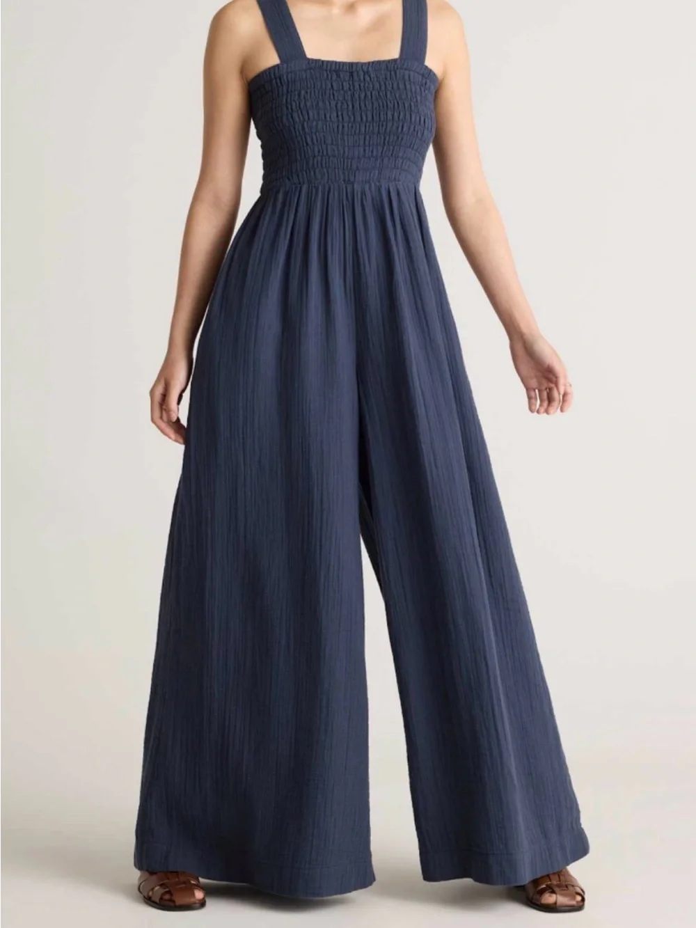 Quince Navy Smocked Strap Wide-Leg Jumpsuit - Picture 1 of 8